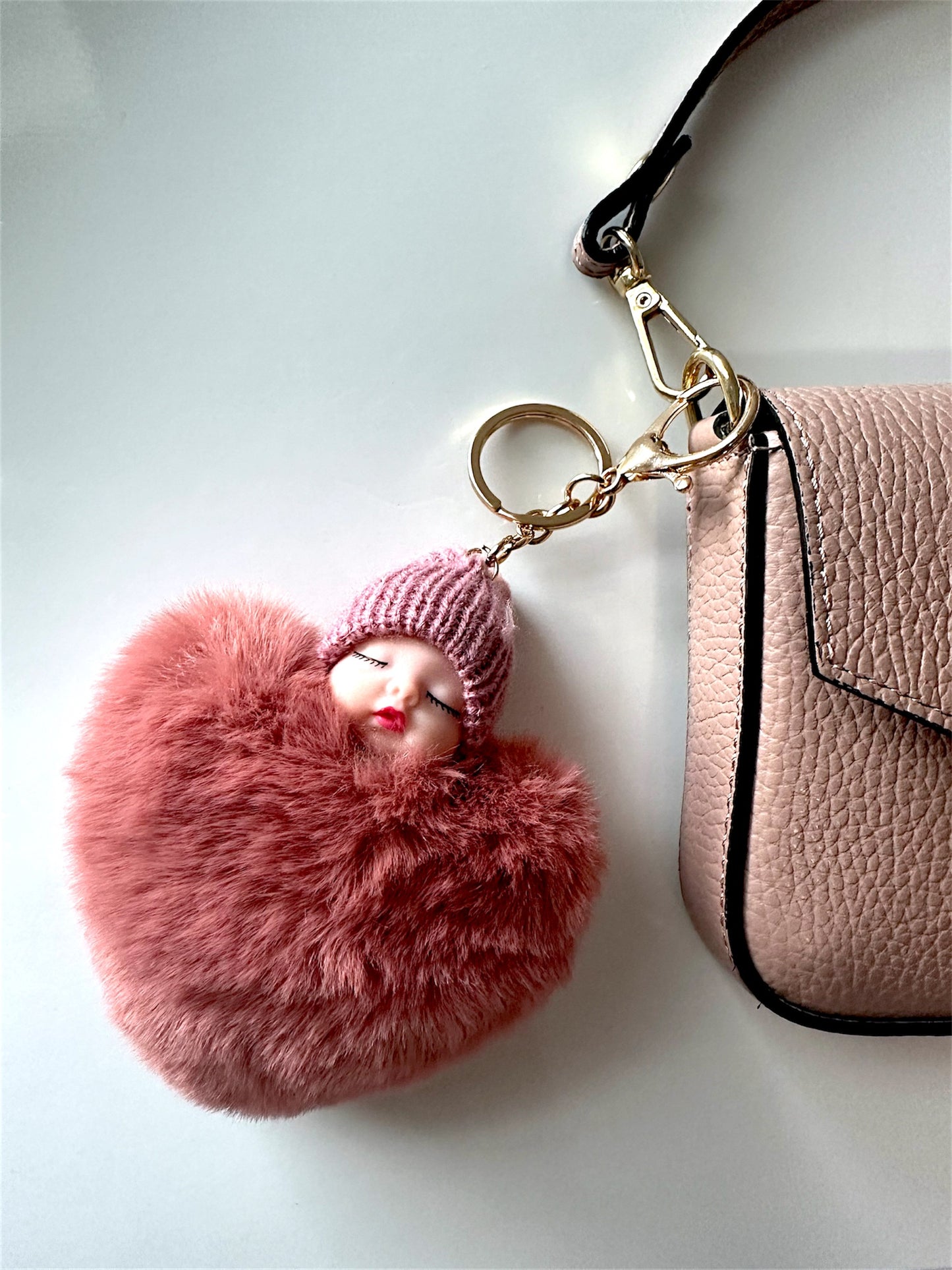 Plush Peach Heart Pompom Sleeping Baby Doll Keychain