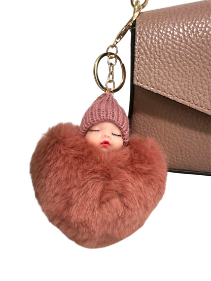 Plush Peach Heart Pompom Sleeping Baby Doll Keychain