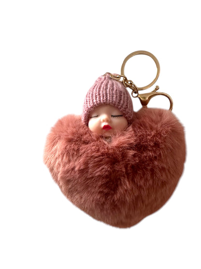 Plush Peach Heart Pompom Sleeping Baby Doll Keychain