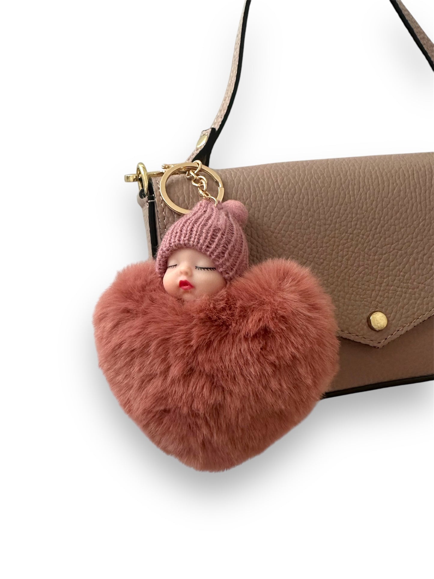 Plush Peach Heart Pompom Sleeping Baby Doll Keychain