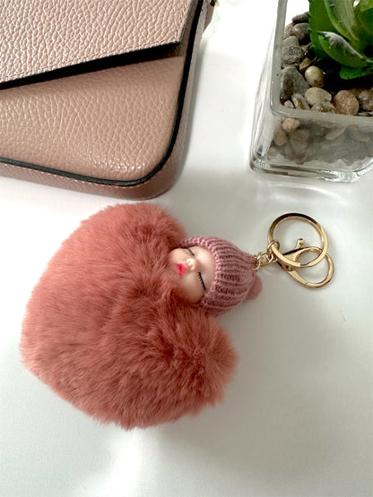 Plush Peach Heart Pompom Sleeping Baby Doll Keychain