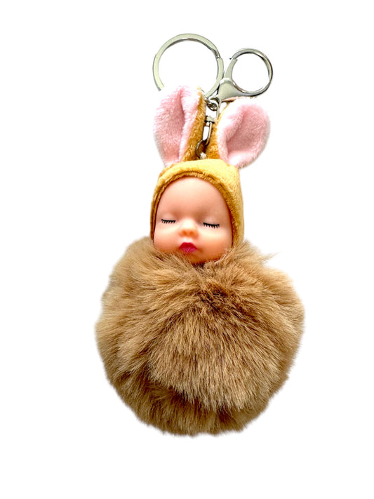 Brown Sleeping Baby Doll Pompom Key Chain