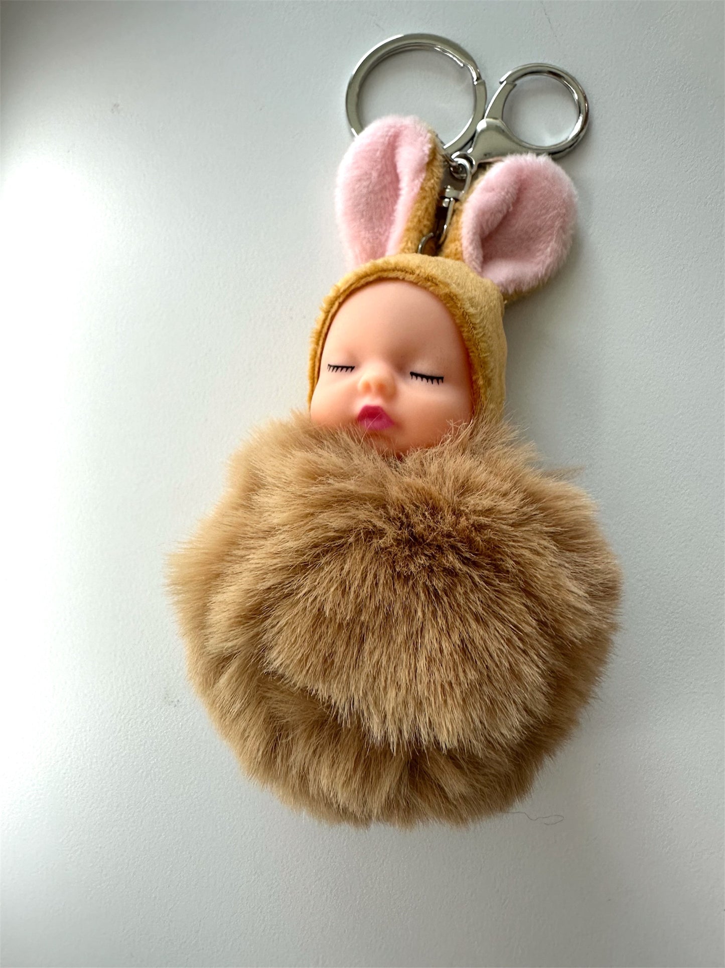 Brown Sleeping Baby Doll Pompom Key Chain