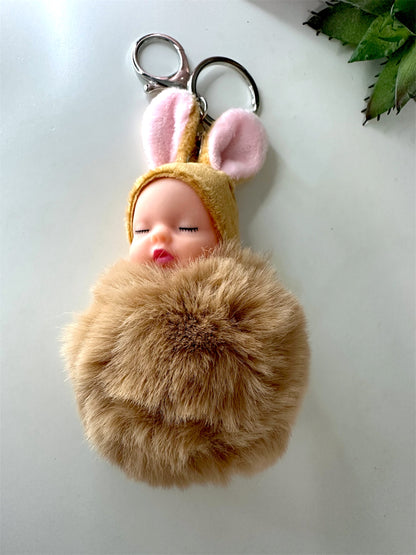 Brown Sleeping Baby Doll Pompom Key Chain