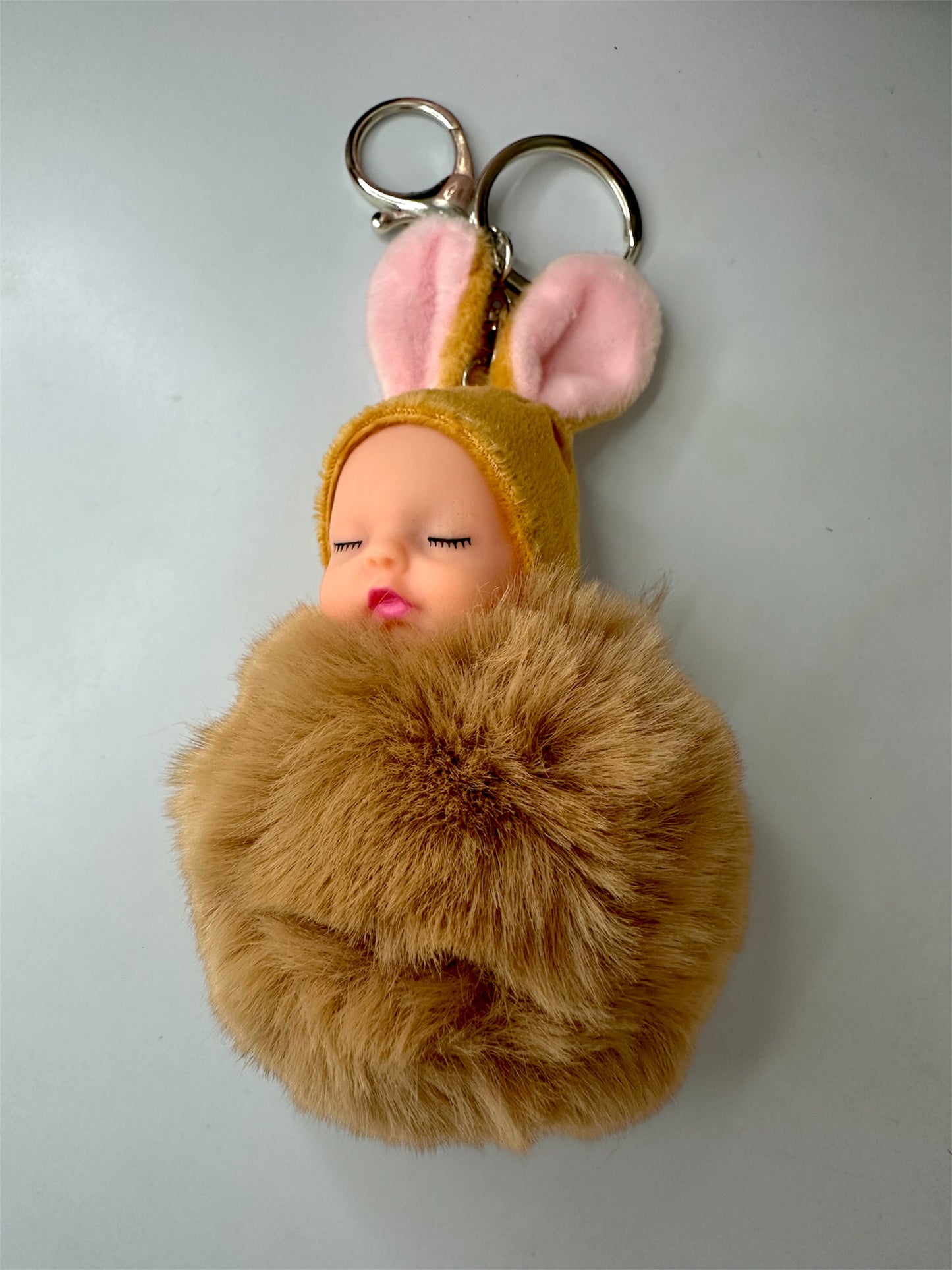 Brown Sleeping Baby Doll Pompom Key Chain