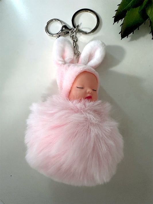 Pink Sleeping Baby Doll Pompom Key Chain